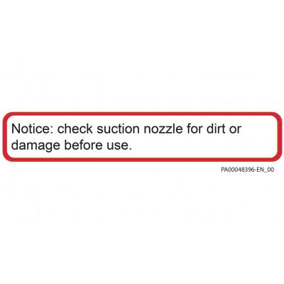 Sticker SS “Notice”: Check suction nozzle for.....before use” 25 x 150 mm - English